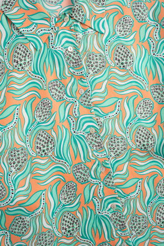 Pinecone Flower Salmon-Turquoise Twill Silk Shirt - 2