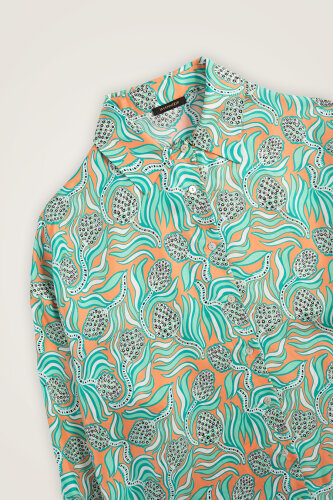 Pinecone Flower Salmon-Turquoise Twill Silk Shirt - 4