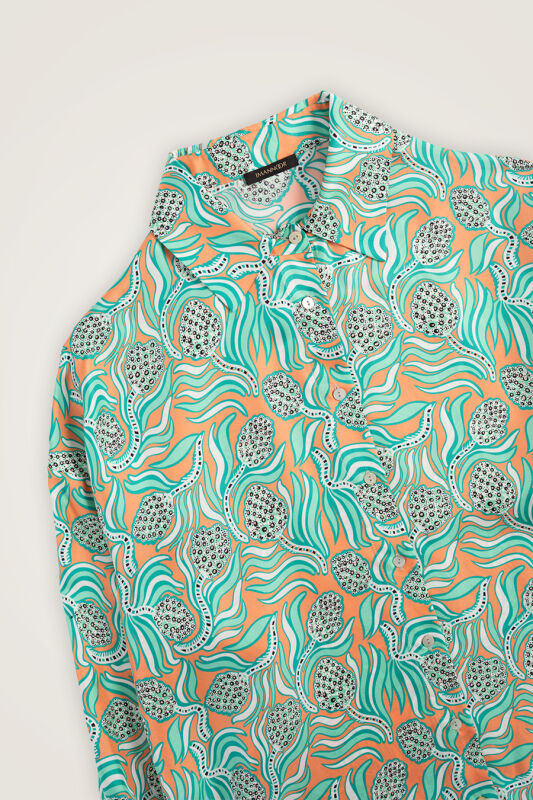 Pinecone Flower Salmon-Turquoise Twill Silk Shirt - 4