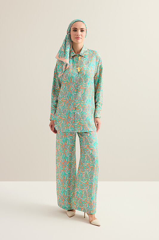 Pinecone Flower Salmon-Turquoise Twill Silk Shirt - 3