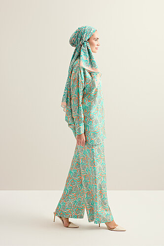 Pinecone Flower Salmon-Turquoise Twill Silk Shirt - 5