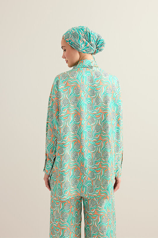 Pinecone Flower Salmon-Turquoise Twill Silk Shirt - 8