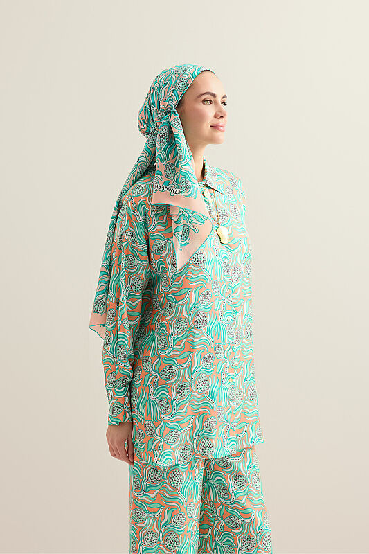 Pinecone Flower Salmon-Turquoise Twill Silk Shirt - 1