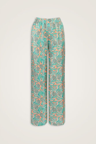 Pinecone Flower Salmon-Turquoise Twill Silk Trousers 
