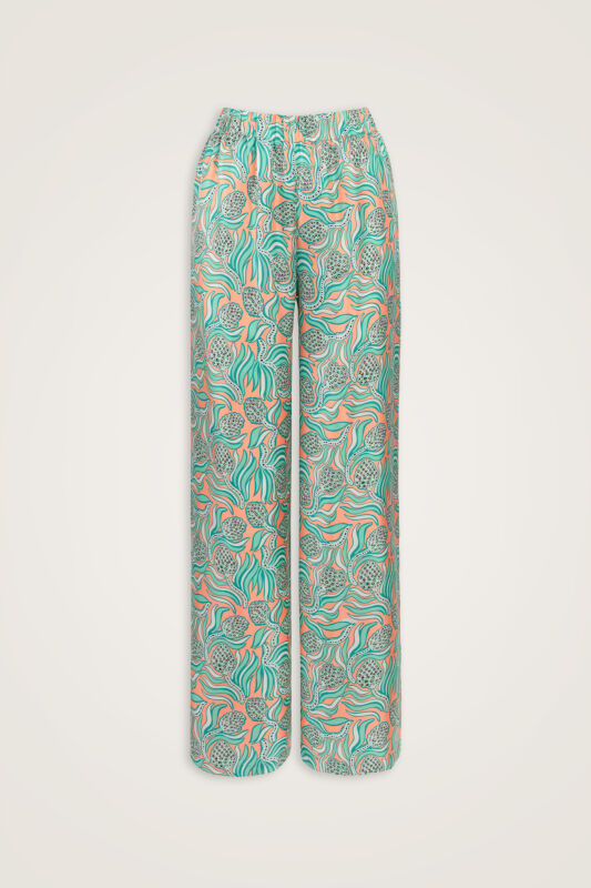 Pinecone Flower Salmon-Turquoise Twill Silk Trousers - 1