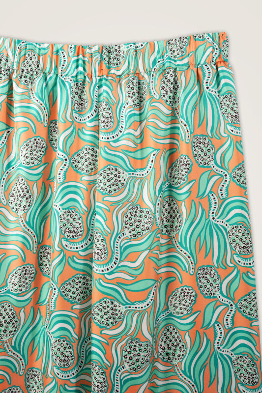 Pinecone Flower Salmon-Turquoise Twill Silk Trousers - 2