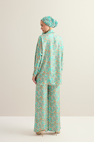 Pinecone Flower Salmon-Turquoise Twill Silk Trousers - 3