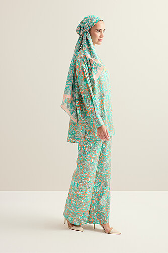 Pinecone Flower Salmon-Turquoise Twill Silk Trousers - 1