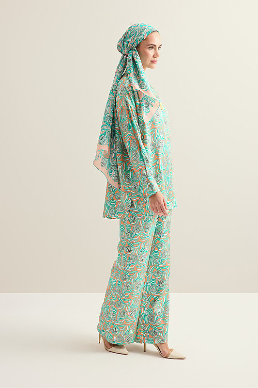 Pinecone Flower Salmon-Turquoise Twill Silk Trousers - 1
