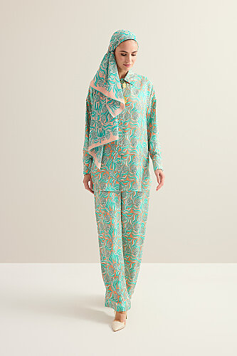 Pinecone Flower Salmon-Turquoise Twill Silk Trousers - 5