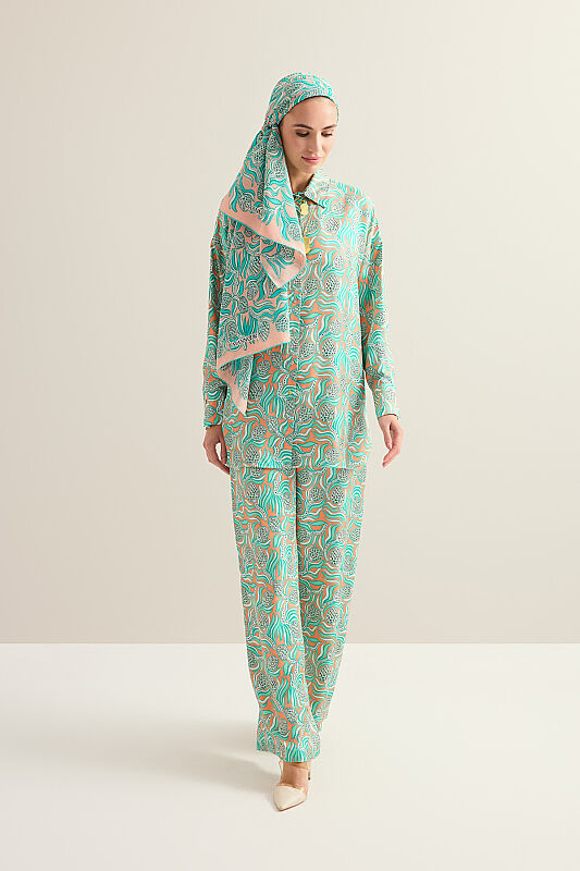 Pinecone Flower Salmon-Turquoise Twill Silk Trousers - 5