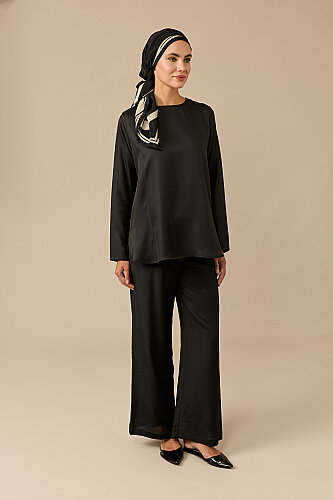 Plain Black Twill Silk Sleeved Blouse - 3