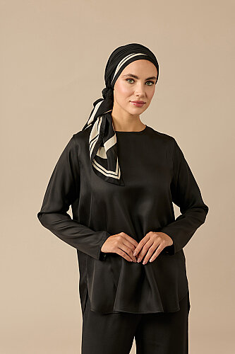 Plain Black Twill Silk Sleeved Blouse - 1