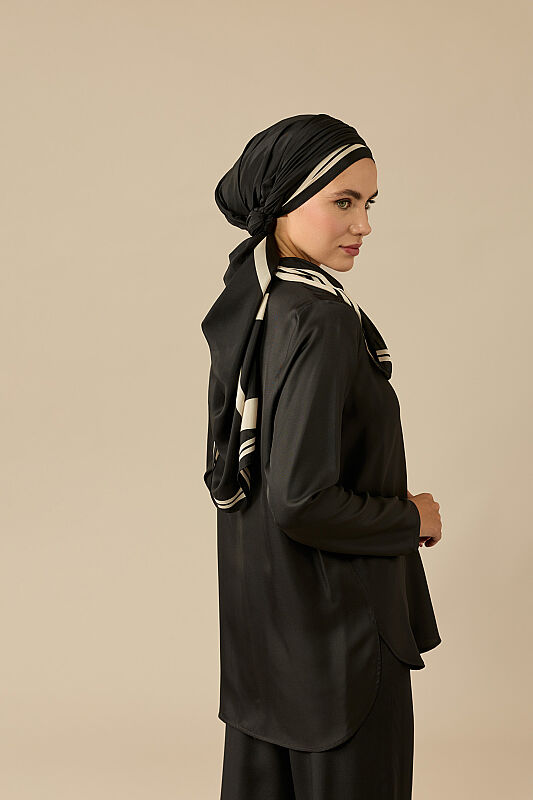 Plain Black Twill Silk Sleeved Blouse - 2