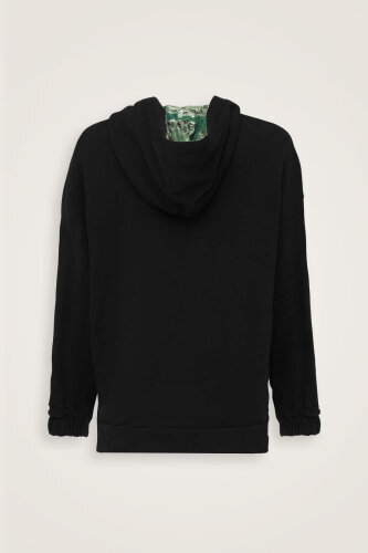 Plain Color Black-Green Three Thread Hooded Tracksuit Top - 4