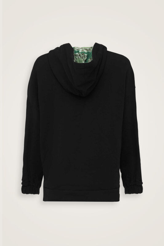 Plain Color Black-Green Three Thread Hooded Tracksuit Top - 4