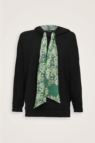 Plain Color Black-Green Three Thread Hooded Tracksuit Top - 2