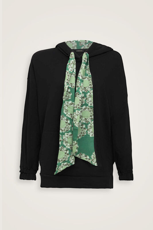 Plain Color Black-Green Three Thread Hooded Tracksuit Top - 2