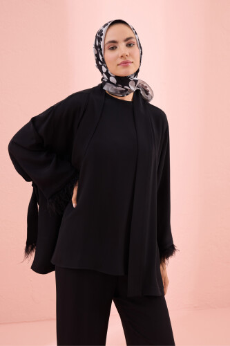 Plain Color Black Otrish Short Kimono - 3