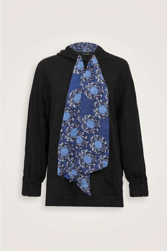 Plain Color Black-Sax Three Thread Hooded Tracksuit Top - 2