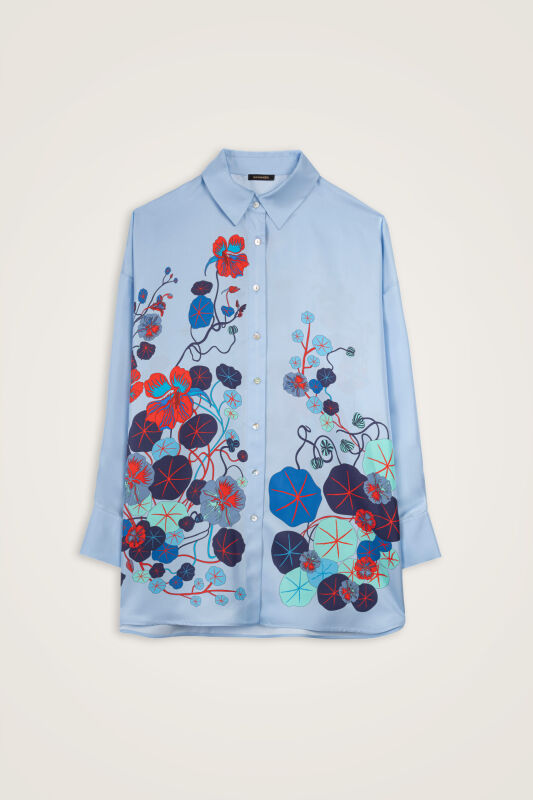 Pool Flower Blue Twill Silk Shirt - 1