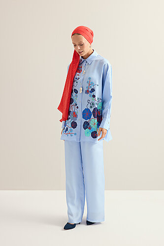 Pool Flower Blue Twill Silk Shirt - 3