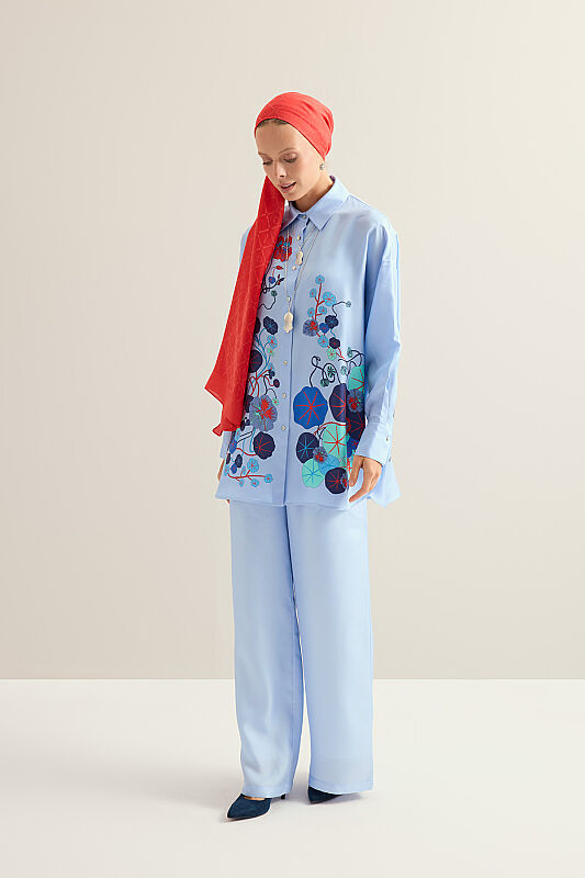 Pool Flower Blue Twill Silk Shirt - 3