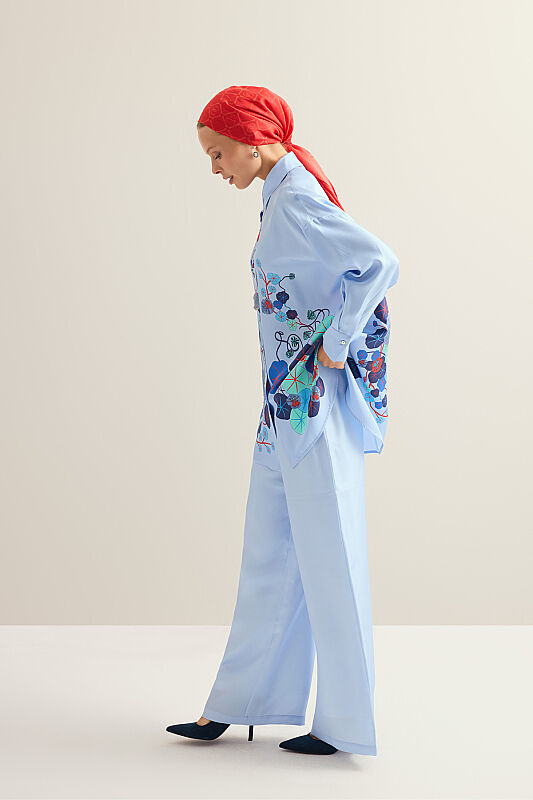 Pool Flower Blue Twill Silk Shirt - 7