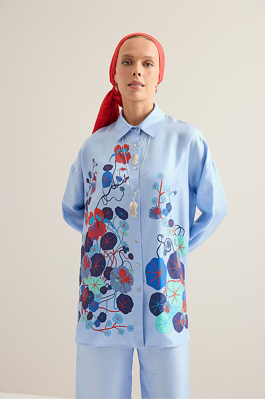 Pool Flower Blue Twill Silk Shirt - 8