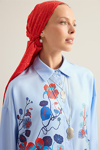 Pool Flower Blue Twill Silk Shirt 