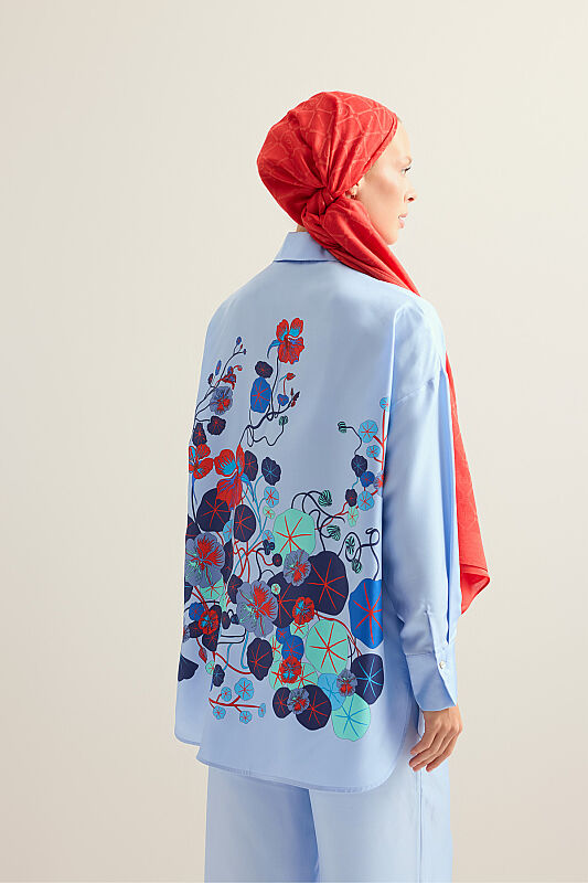 Pool Flower Blue Twill Silk Shirt - 5