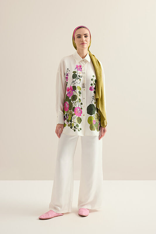 Pool Flower White Silk Trousers - 3