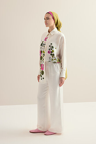 Pool Flower White Silk Trousers - 4