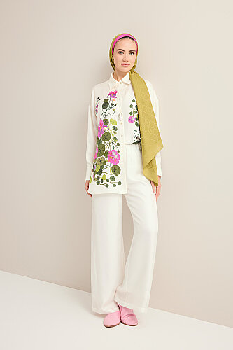 Pool Flower White Silk Trousers - 1
