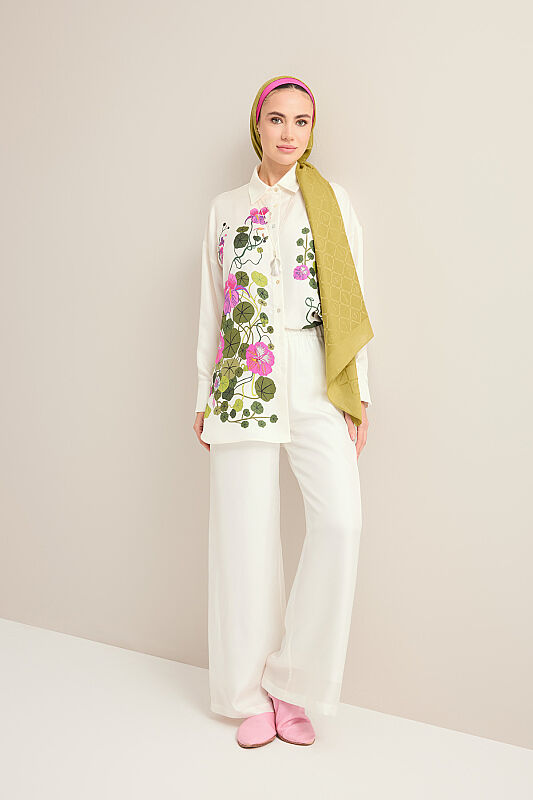 Pool Flower White Silk Trousers - 1