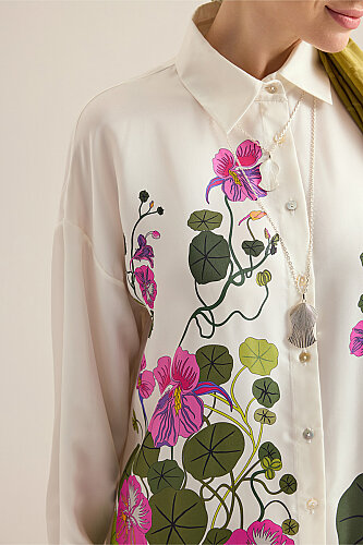 Pool Flower White Twill Silk Shirt - 5