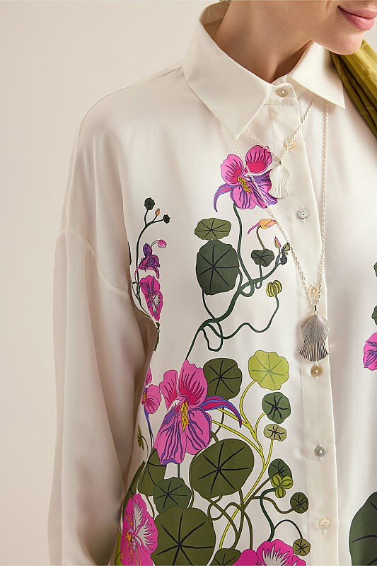 Pool Flower White Twill Silk Shirt - 5