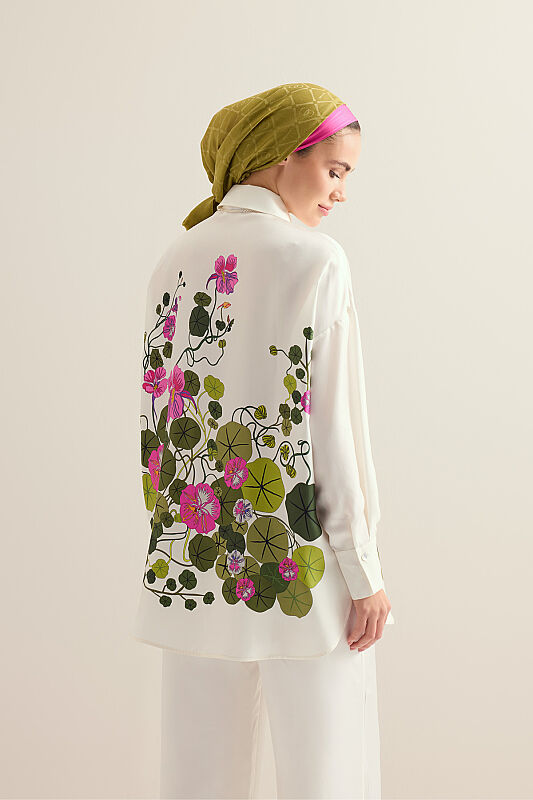 Pool Flower White Twill Silk Shirt - 7