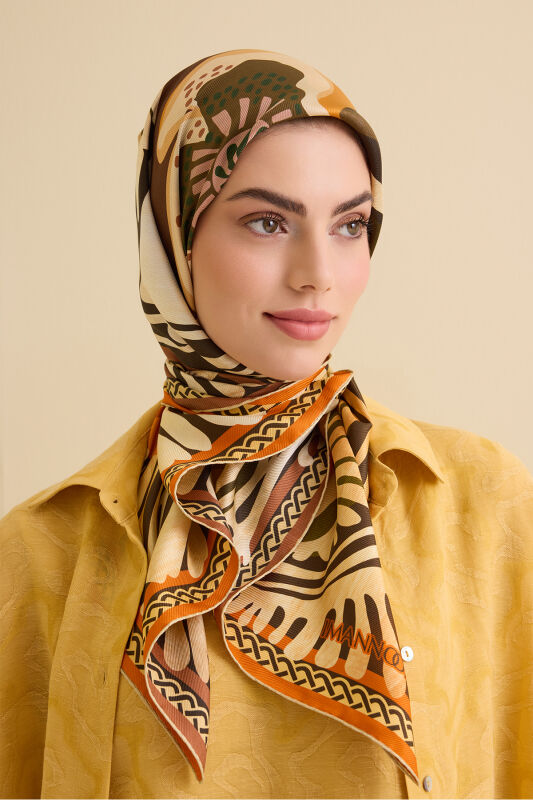 Poppy Orange-Beige Double-Sided Silk Twill Scarf - 1
