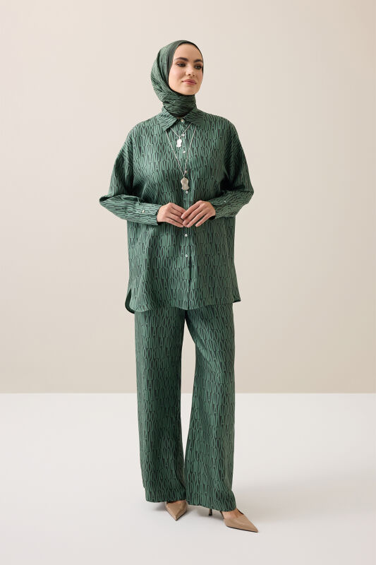 Printed Green Twill Silk Trousers - 1