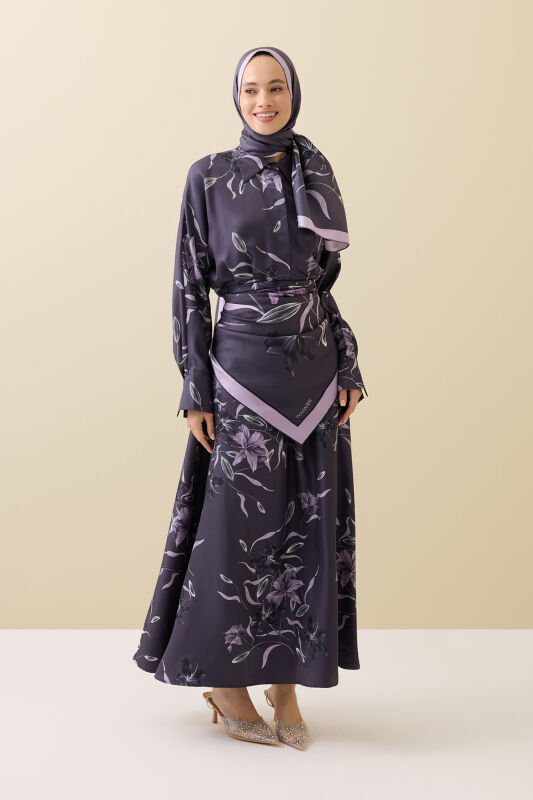 Purple Silk Dress with Lily Waist Detail - 1