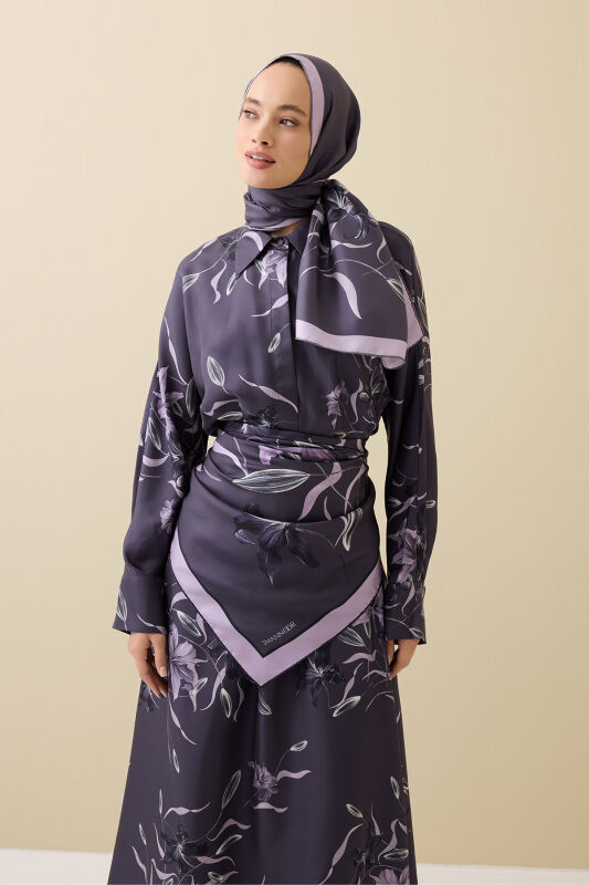 Purple Silk Dress with Lily Waist Detail - 3