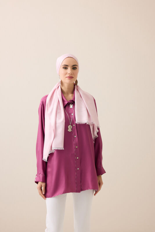 Püskül Noor Toz Pembe Jakar İpek Şal 70x200 - 5