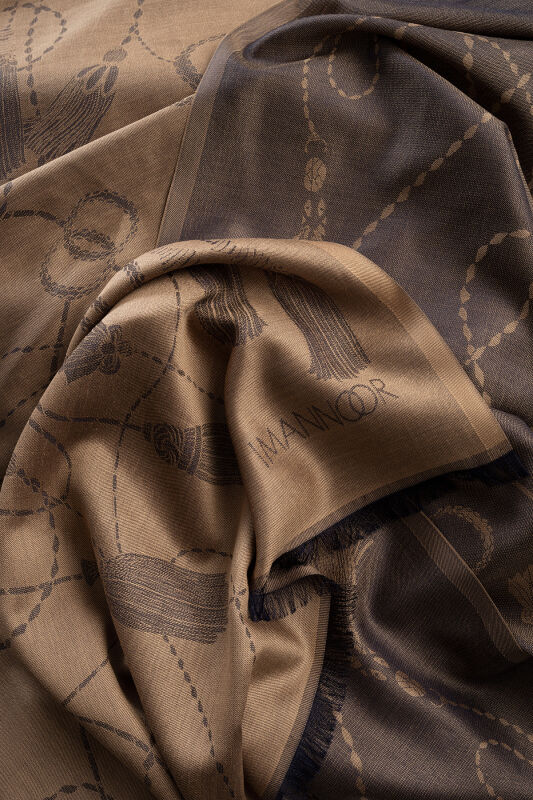 Püskül Noor Bej-Lacivert Jakar İpek Şal 70x200 - 4