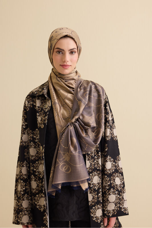 Püskül Noor Bej-Lacivert Jakar İpek Şal 70x200 - 5