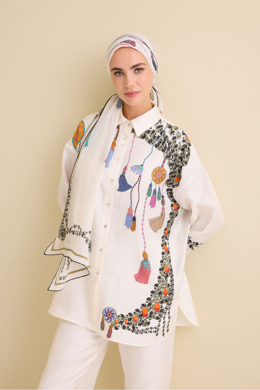 Püskül Noor Beyaz İpek Gömlek Pijama - 6