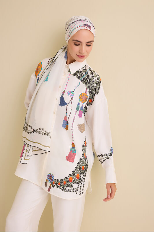 Püskül Noor Beyaz İpek Gömlek Pijama - 1