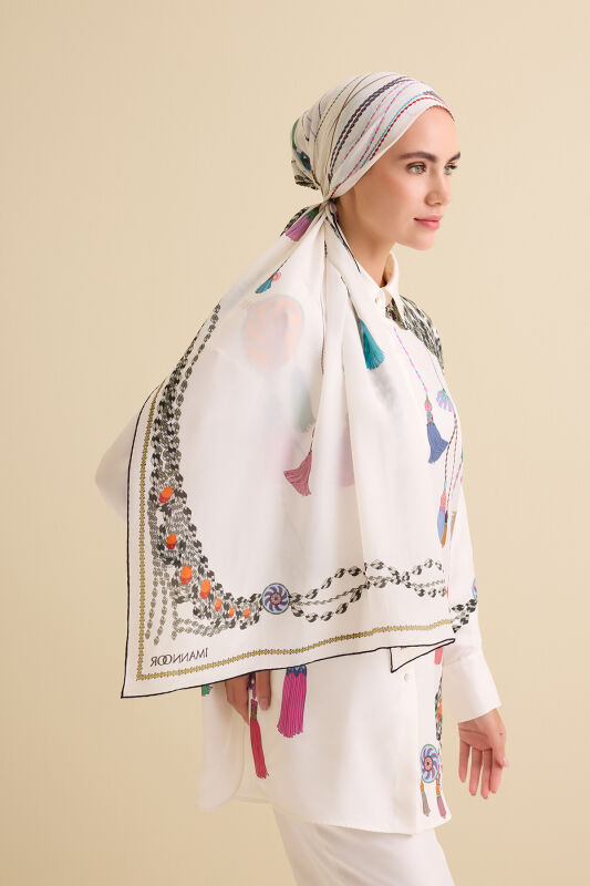 Püskül Noor Beyaz Krep İpek Pijama Şalı 70x210 - 5