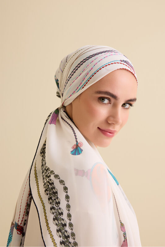 Püskül Noor Beyaz Krep İpek Pijama Şalı 70x210 - 3