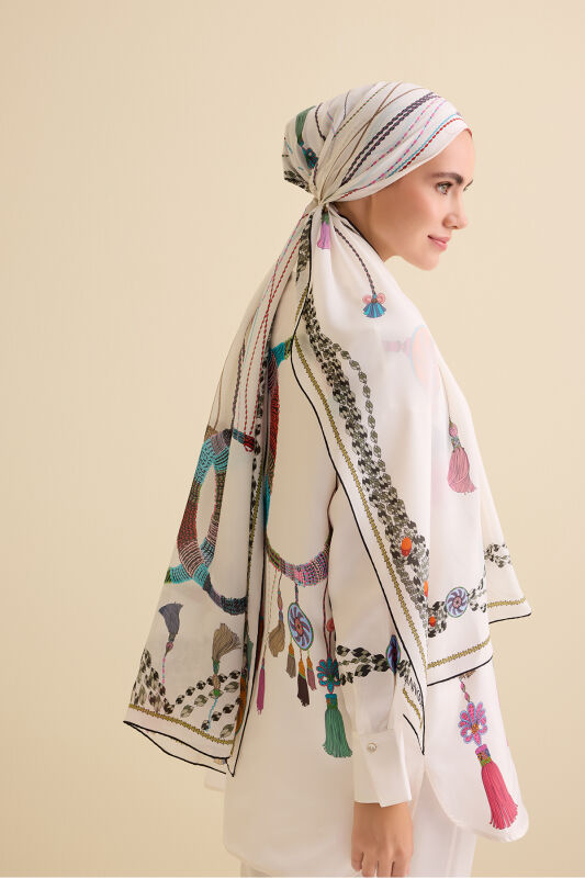 Püskül Noor Beyaz Krep İpek Pijama Şalı 70x210 - 1